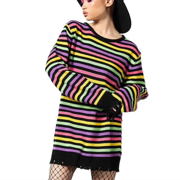Killstar Sweaters - Killstar Rainbow Warrior Striped Knit Jumper Sweater Distressed Hem & Cuffs MD